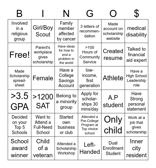 Scholarship Bingo Card