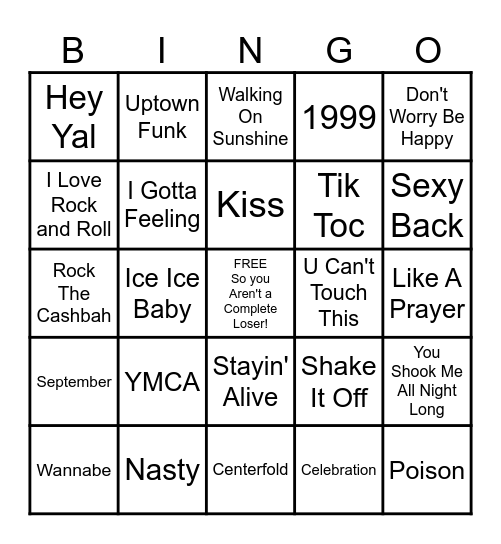 Fun Songs Bingo Card