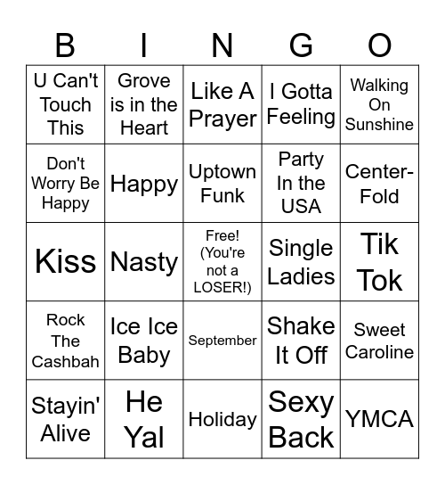 Fun Songs Bingo Card