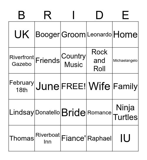 Lindsay's Bridal Shower Bingo Card