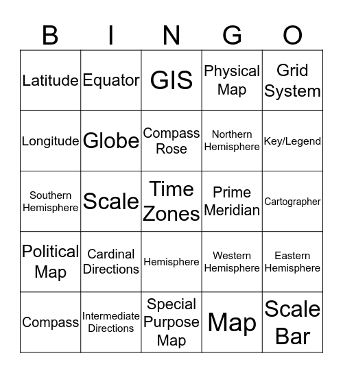 Geographical Terms Bingo Card