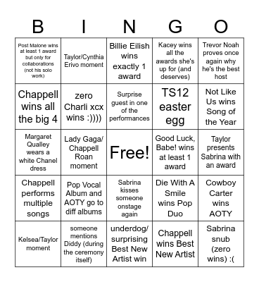 Marine's 2025 Grammys bingo Card