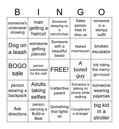 Mall Bingo Card