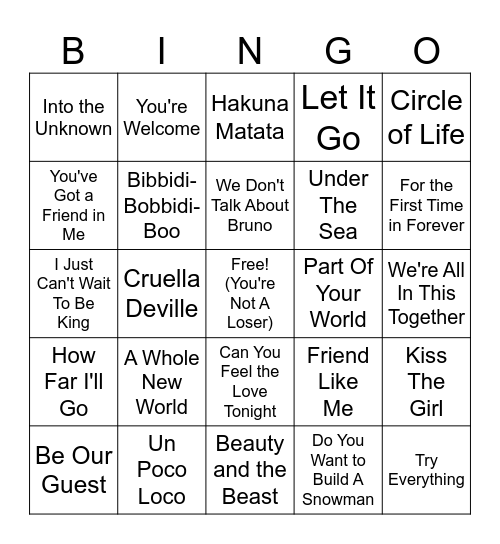 Disney Bingo Card