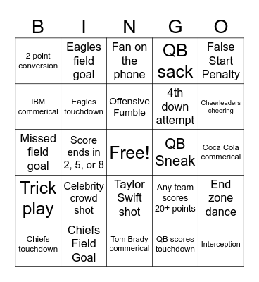Superbowl 2025 Bingo Card