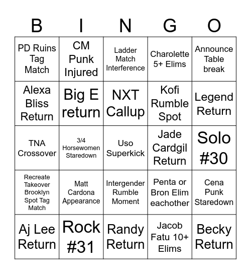 Royal Rumble Bingo Card