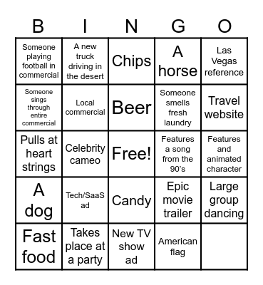 Super Bowl Commercial Bingo Card