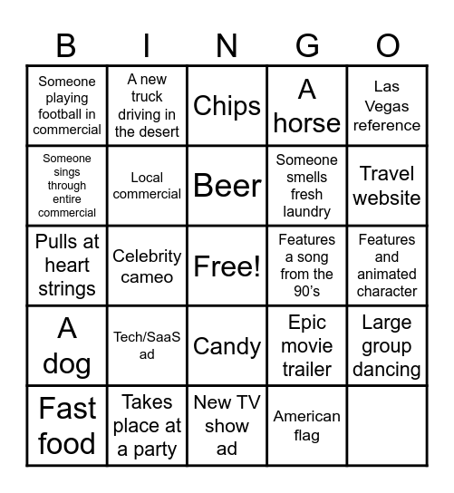 Super Bowl Commercial Bingo Card