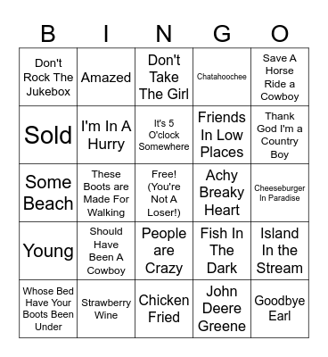 Country Sing Along Bingo Card