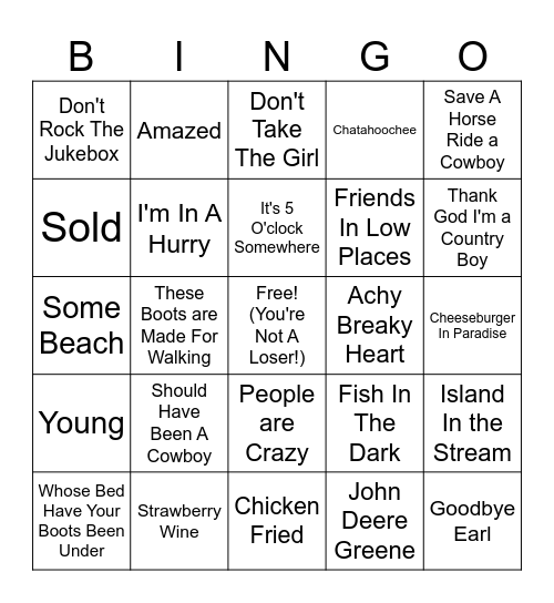 Country Sing Along Bingo Card