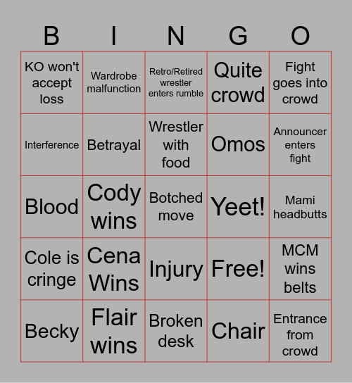 2025 Royal Rumble Bingo Card