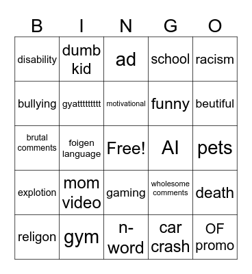 instagram Bingo Card