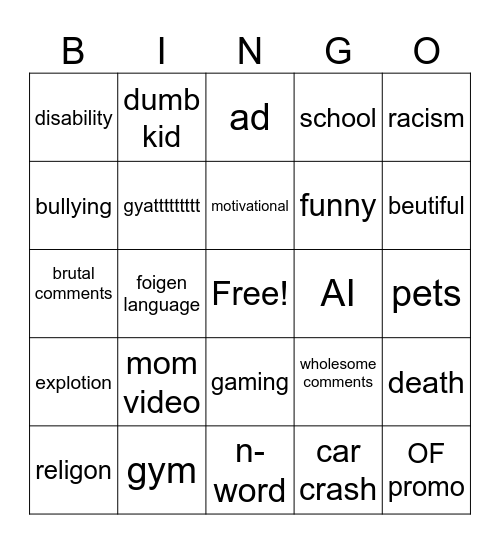 instagram Bingo Card