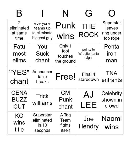 Royal Rumble BINGO Card