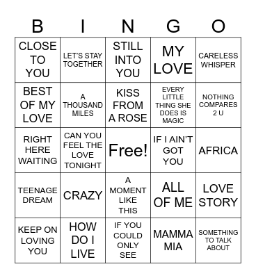 Love Songs R2 Bingo Card