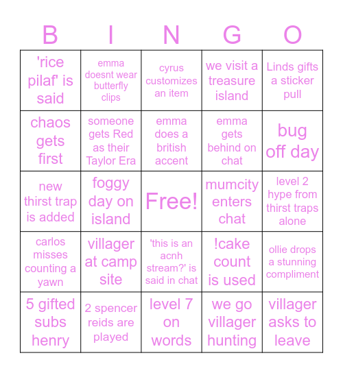 Fancity Central Stream Bingo Card
