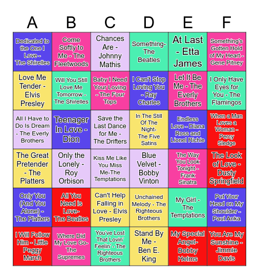 Love Songs- 1950s and 1960s Bingo Card