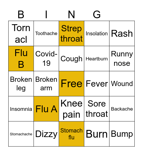 Illness Bingo Card