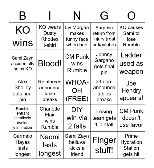 2025 Royal Rumble Bingo Card