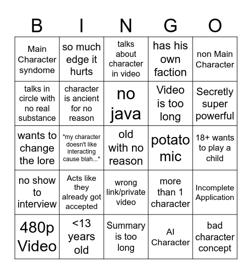 Untitled bingo card