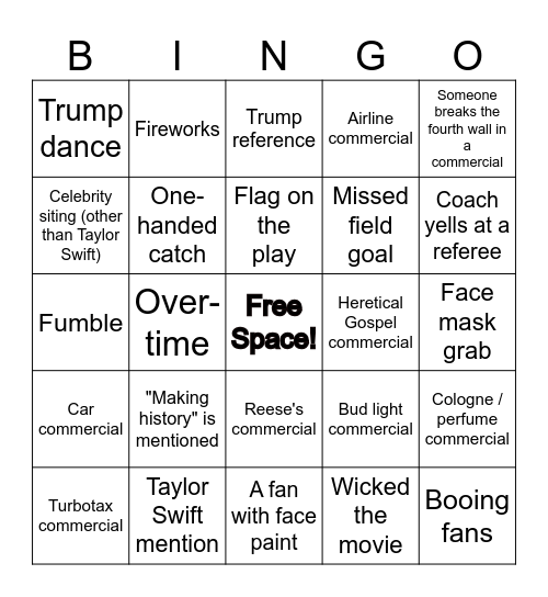 Superbowl Bingo Card
