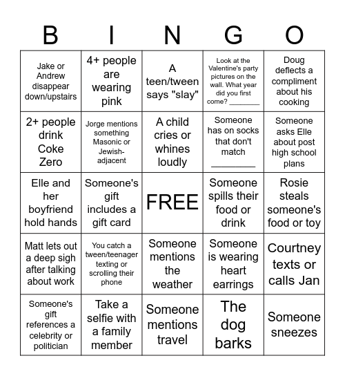 Hatch Family Valentine's Day Bingo Card