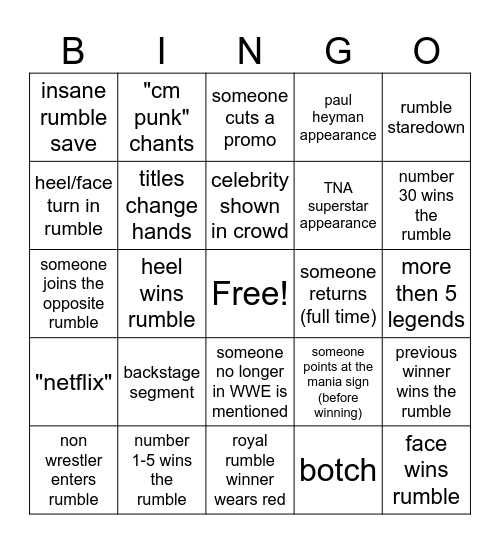 ROYAL RUMBLE Bingo Card