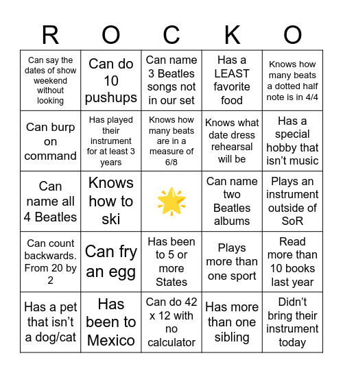 Beatles Day One Rock-O Bingo Card