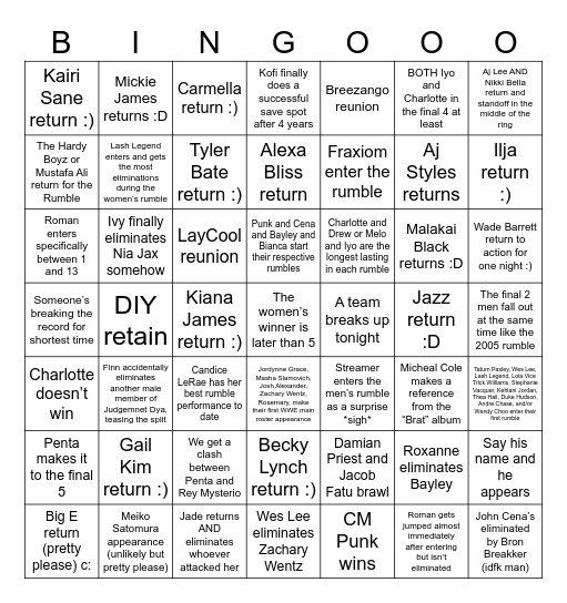 Royal Rumble 2025 Bingo Card