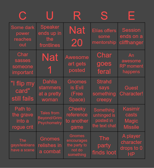 Curse of Strahd Bingo Card