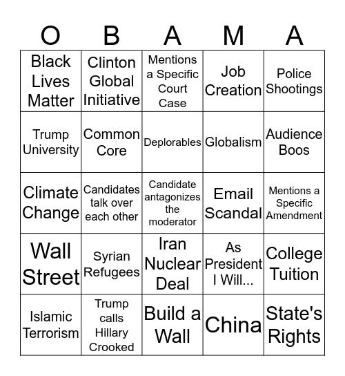 Presidential Debate Sept 26, 2016 # 1 Bingo Card
