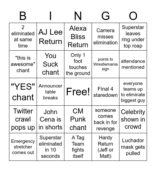 Royal Rumble BINGO Card