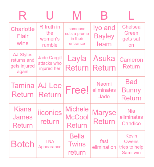 Royale Rumble 2025 Predictions Bingo Card