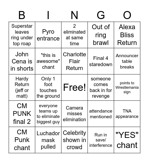 Royal Rumble BINGO Card