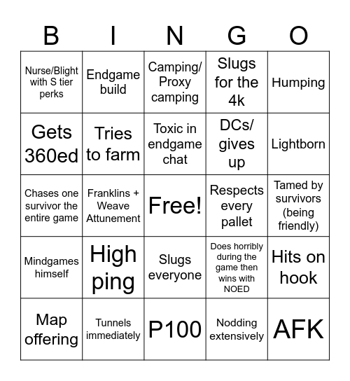 DBD Bingo Card