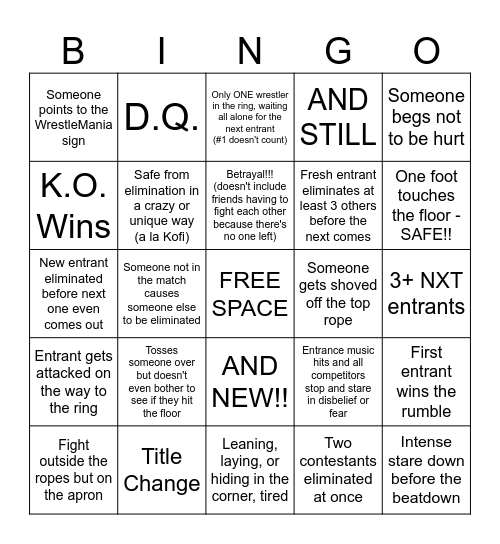 2025 Royal Rumble Card Bingo Card