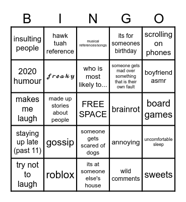 sleepover bingo Card