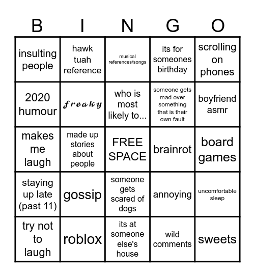 sleepover bingo Card