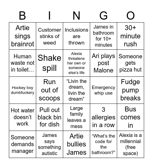 February Second Closing Crew Bingo Card