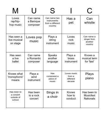 Getting to Know You - Music Edition Bingo Card