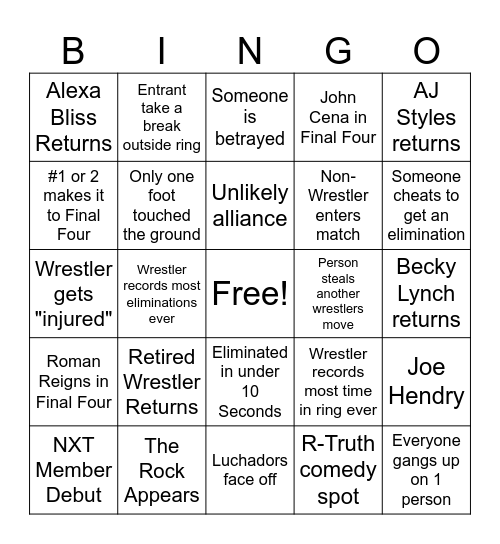 Royal Rumble 2025 Bingo Card