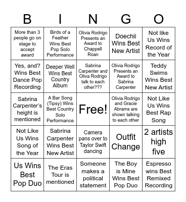 Grammys Bingo Card
