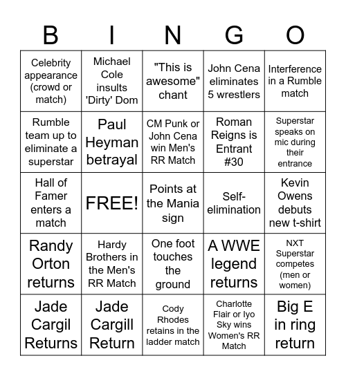 Royal Rumble 2025 Predictions Bingo Card