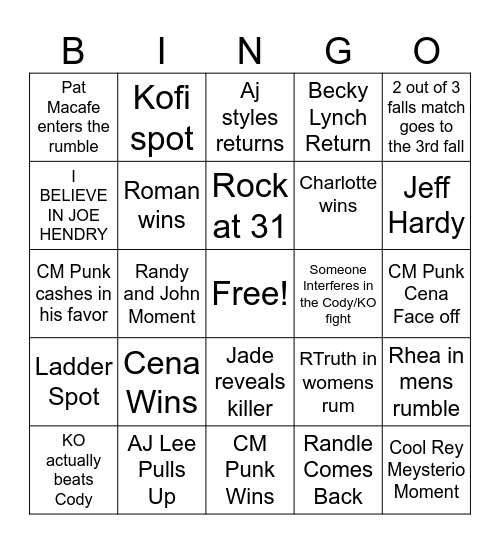 Royal Rumble 2025 Bingo Card