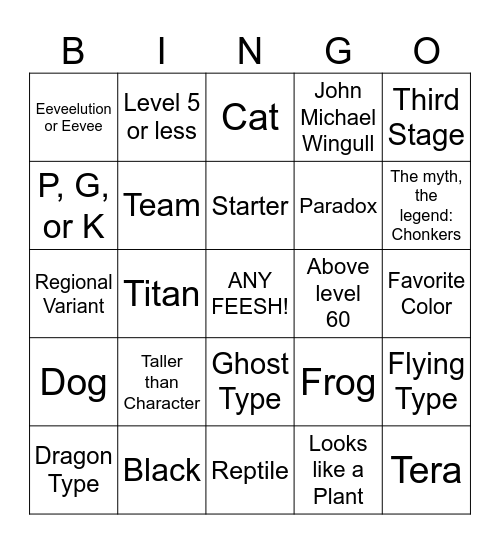 Pokemon Catching Bingo Card