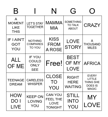 Love Songs R2 Bingo Card