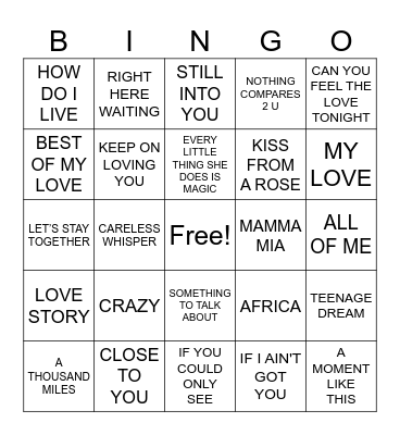 Love Songs R2 Bingo Card
