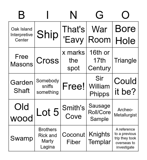 Oak Island Bingo Card