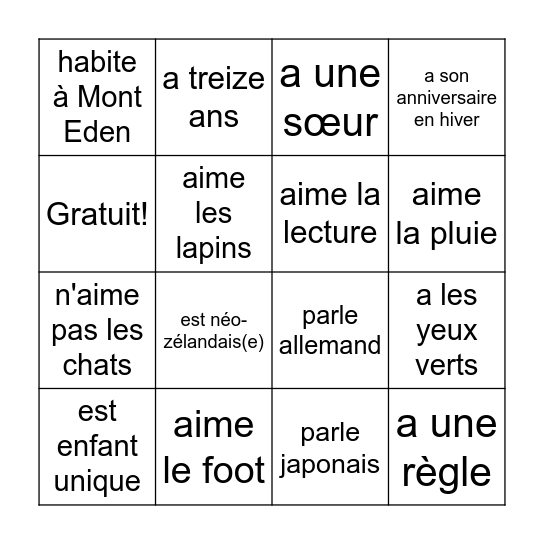 Trouvez quelqu'un(e) qui... Bingo Card