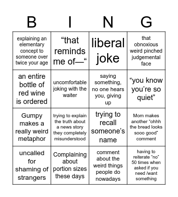 family dinner bingo Card